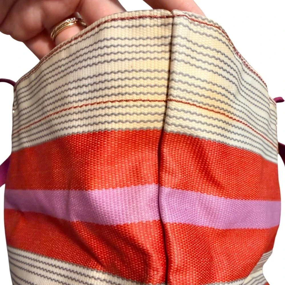 Fossil Key-Per Striped Canvas Tote Bag Orange Pink Shoulder Bag